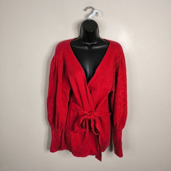 Cabi Moulin Rouge Cabaret Red Chic Ribbed Balloon Sleeve Cardigan L - Picture 4 of 10